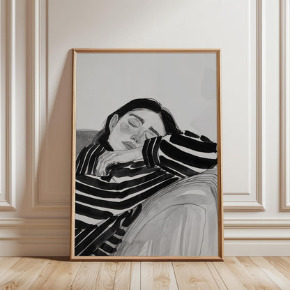 Minimalist Black and White Art – Resting Woman Print with Soft Gray Tones