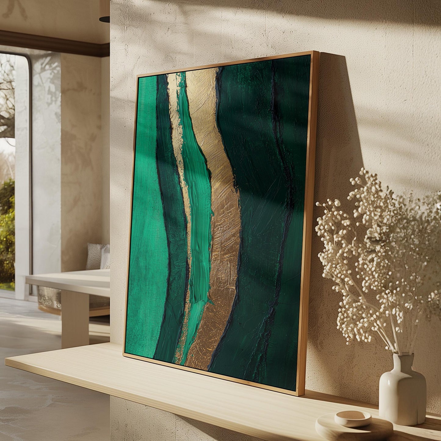 Emerald Green and Gold River Flow Canvas Print, Abstract Textured Giclée Wall Art for Modern Living Room or Bedroom