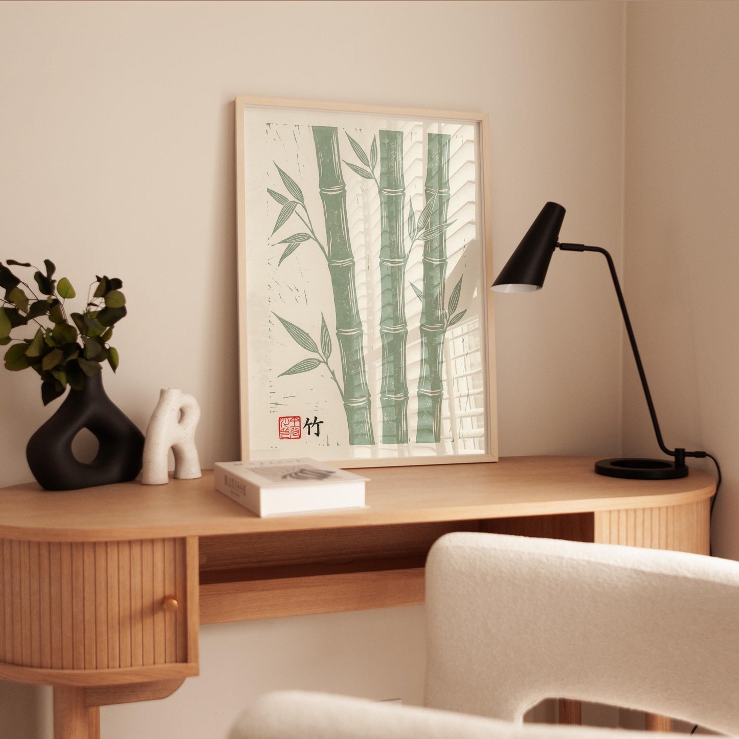 Zen Bamboo Linocut Print – Japanese Botanical Art | Sage Green Minimalist Nature