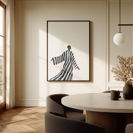 Minimalist Black and White Canvas Wall Art with Striped Robe Abstract Figure Modern Print for Living Room or Bedroom