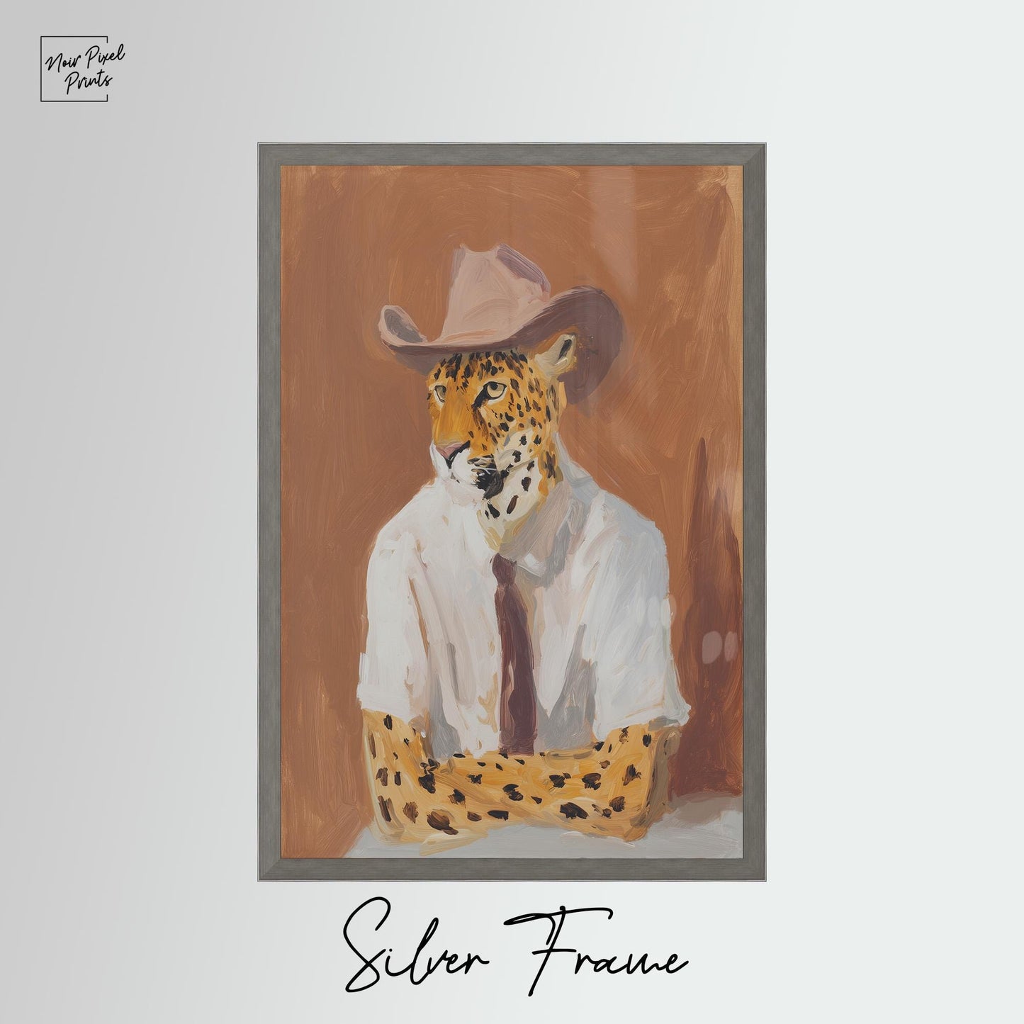 A painting of a leopard wearing a cowboy hat and a white shirt, with the text "Silver Frame" below the image.