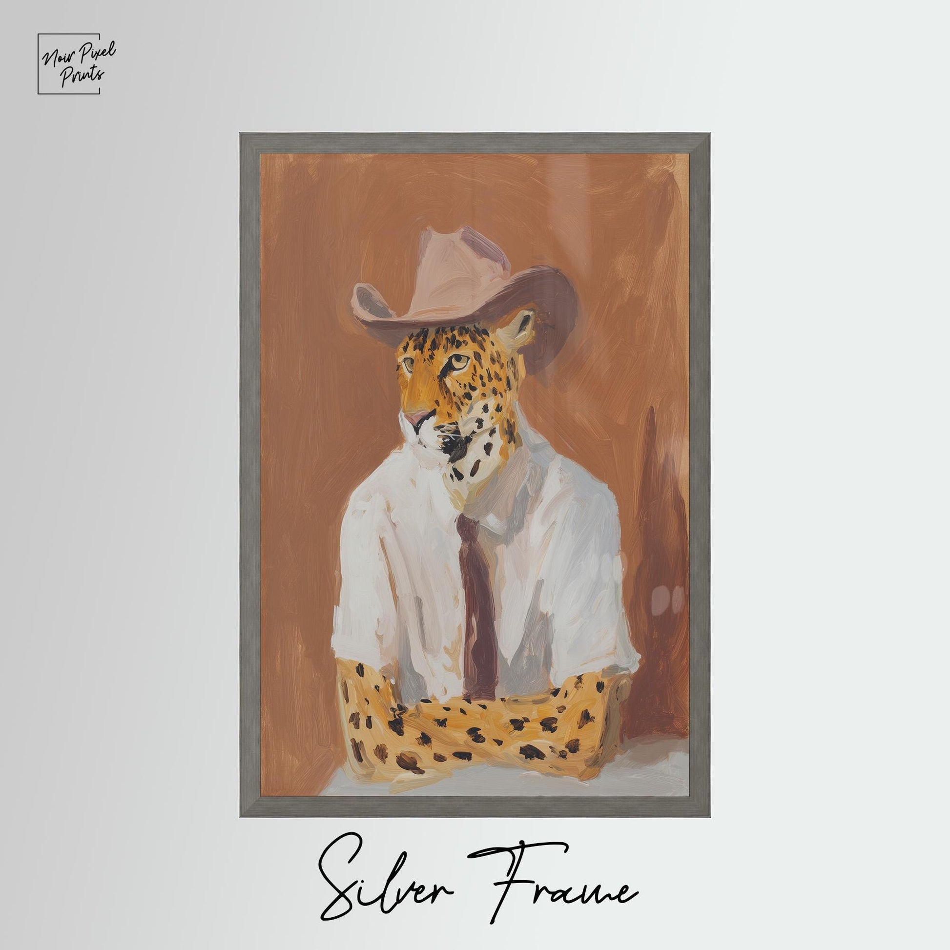 A painting of a leopard wearing a cowboy hat and a white shirt, with the text "Silver Frame" below the image.