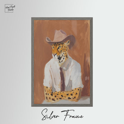 A painting of a leopard wearing a cowboy hat and a white shirt, with the text "Silver Frame" below the image.