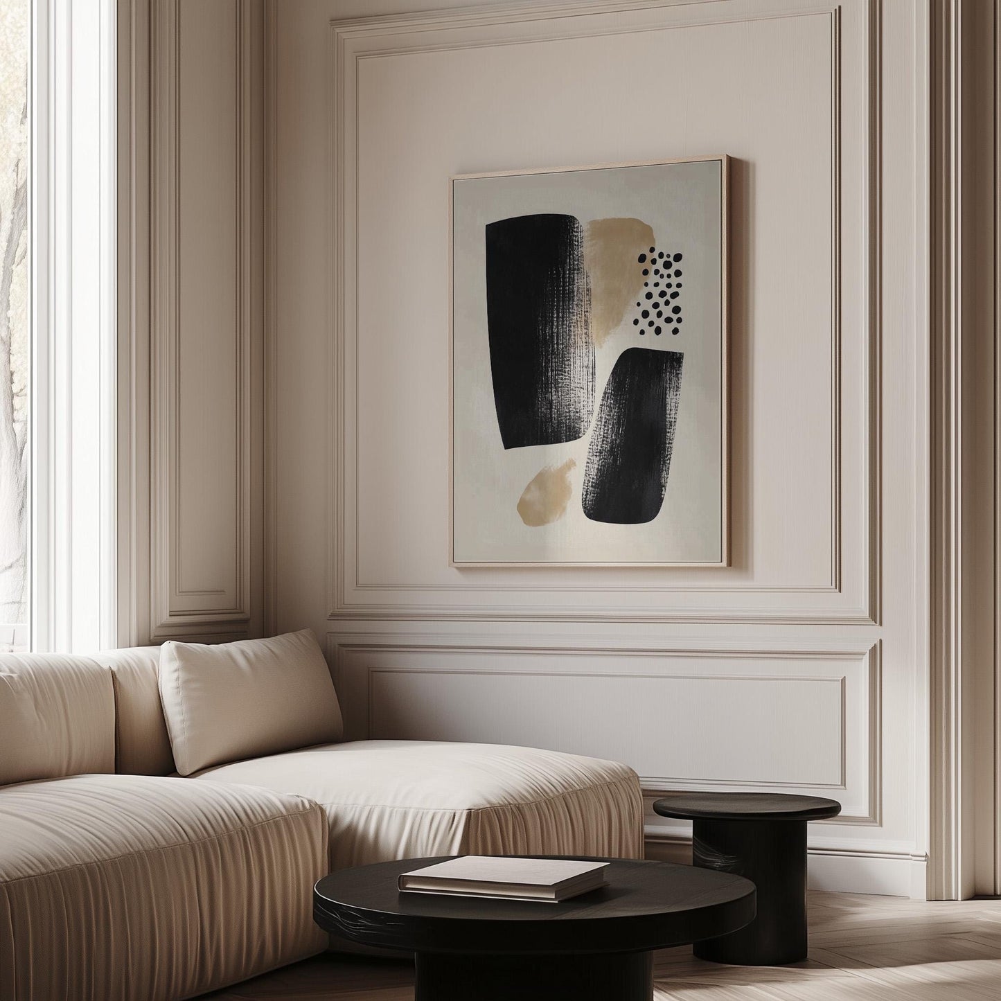 Black and Beige Abstract Canvas Art Minimalist Wall Decor with Organic Shapes, Modern Textured Painting for Living Room or Office