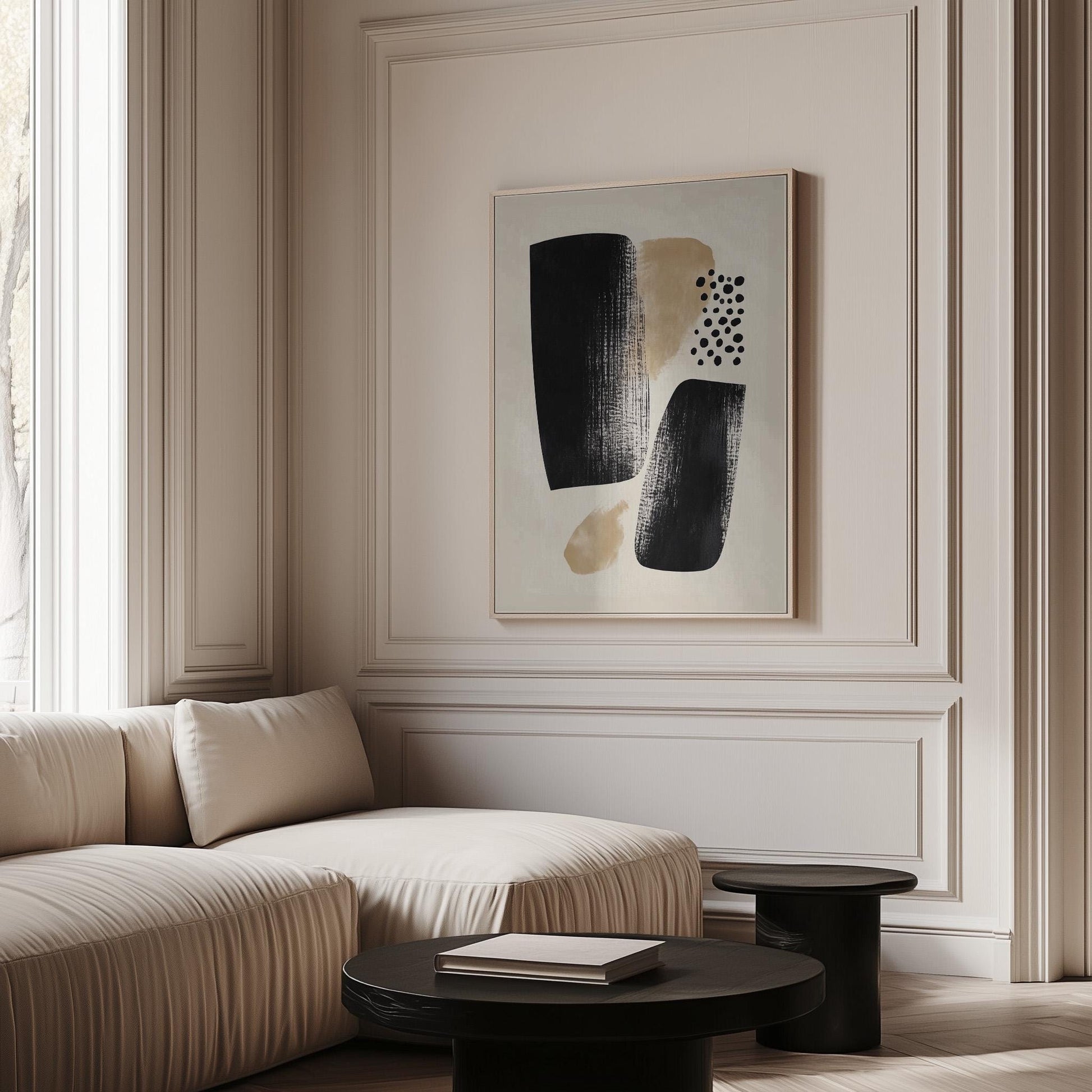 Black and Beige Abstract Canvas Art Minimalist Wall Decor with Organic Shapes, Modern Textured Painting for Living Room or Office