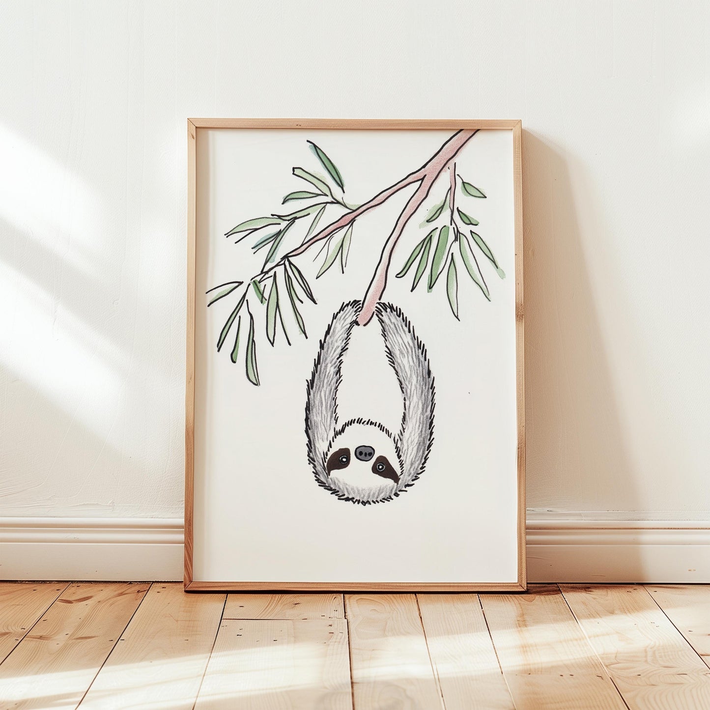 Sloth Watercolor Print – Nursery Wall Art with Eucalyptus Branch & Cute Animal Decor