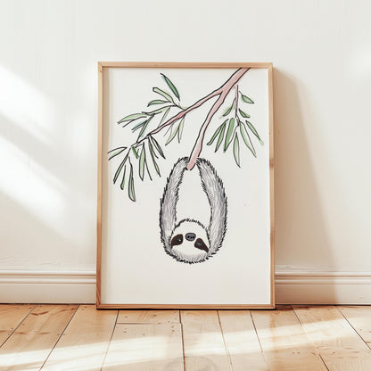 Sloth Watercolor Print – Nursery Wall Art with Eucalyptus Branch & Cute Animal Decor