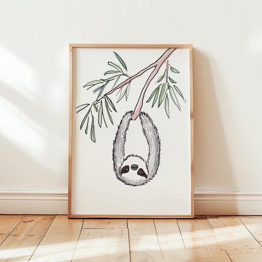 Sloth Watercolor Print – Nursery Wall Art with Eucalyptus Branch & Cute Animal Decor