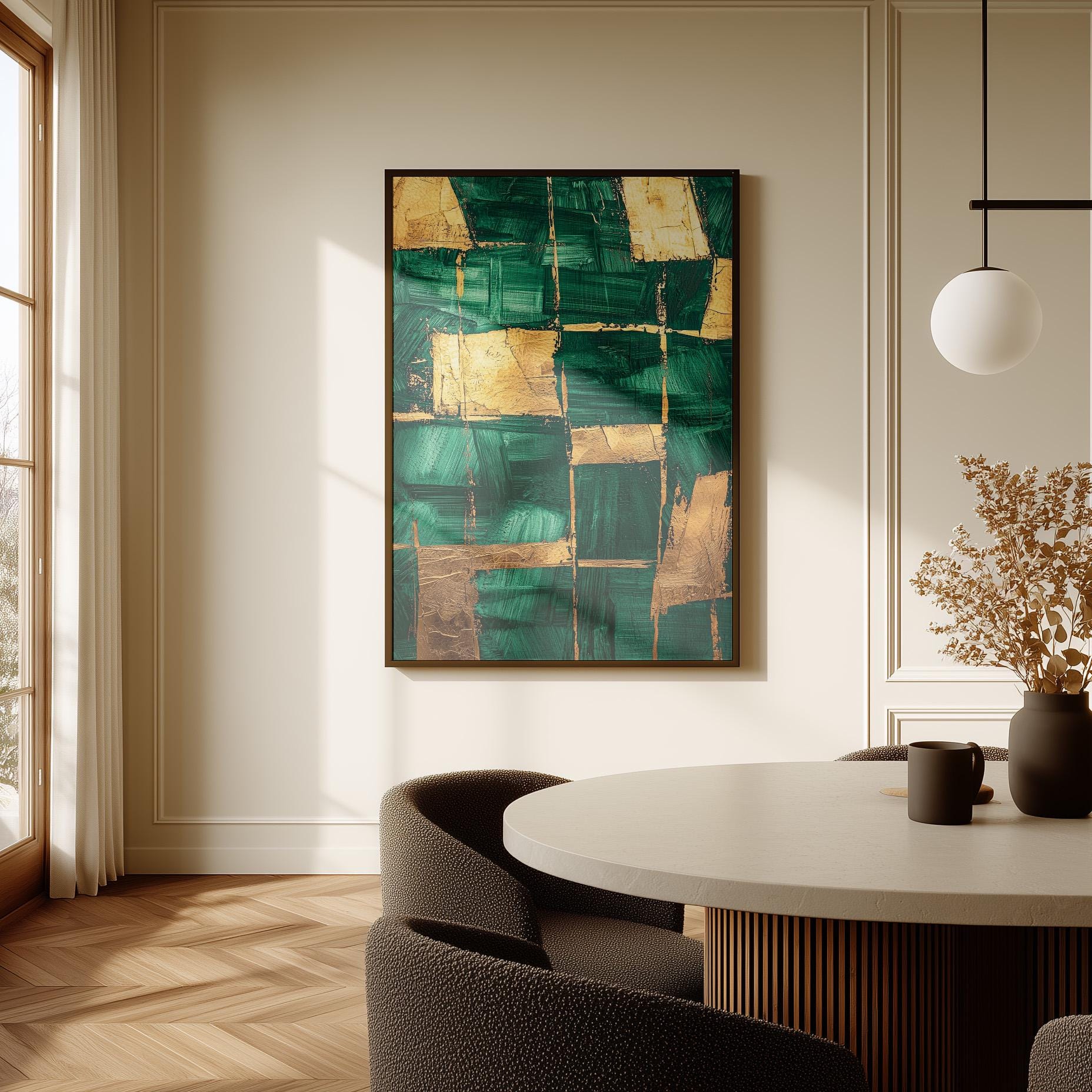 Emerald Green and Gold Abstract Canvas Print, Modern Giclée Wall Art for Dining Room or Elegant Living Space
