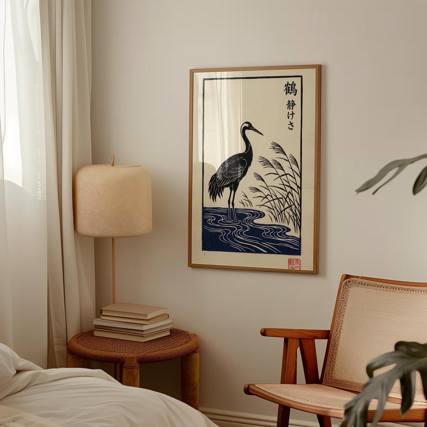 Crane Wall Art Print – Minimalist Japanese Art | Zen Home Decoration, Black & Cream Poster