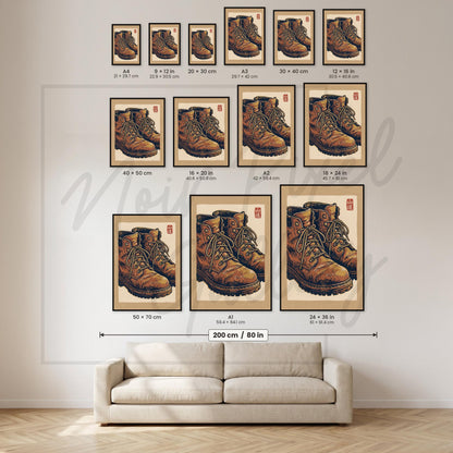Hiking Boots Wall Art - Vintage Woodblock Print Poster with Earthy Tones