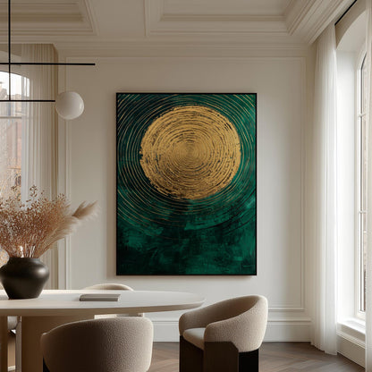 Emerald Green and Gold Sun Giclée Canvas Print, Modern Textured Abstract Wall Art for Dining Room or Living Space