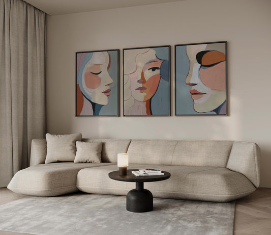 Abstract Portrait Canvas Set of 3 Modern Feminine Faces in Textured Oil Style Wall Art for Living Room or Bedroom Decor