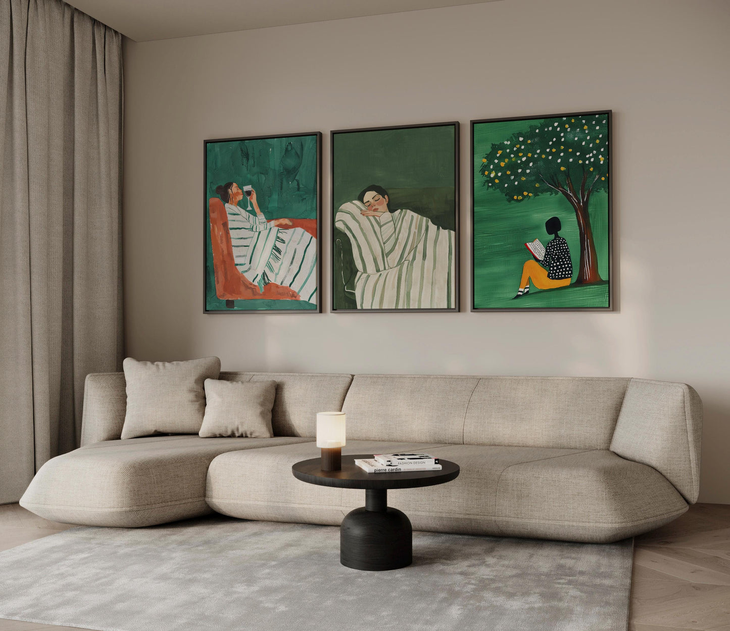 Relaxing Women Canvas Set of 3, Modern Figurative Wall Art with Coffee Reading and Resting, Minimalist Green Artwork for Living Room