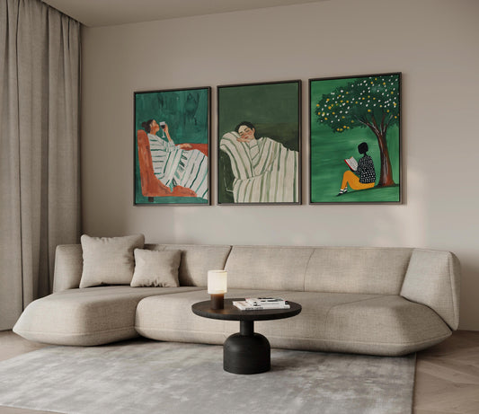 Relaxing Women Canvas Set of 3, Modern Figurative Wall Art with Coffee Reading and Resting, Minimalist Green Artwork for Living Room