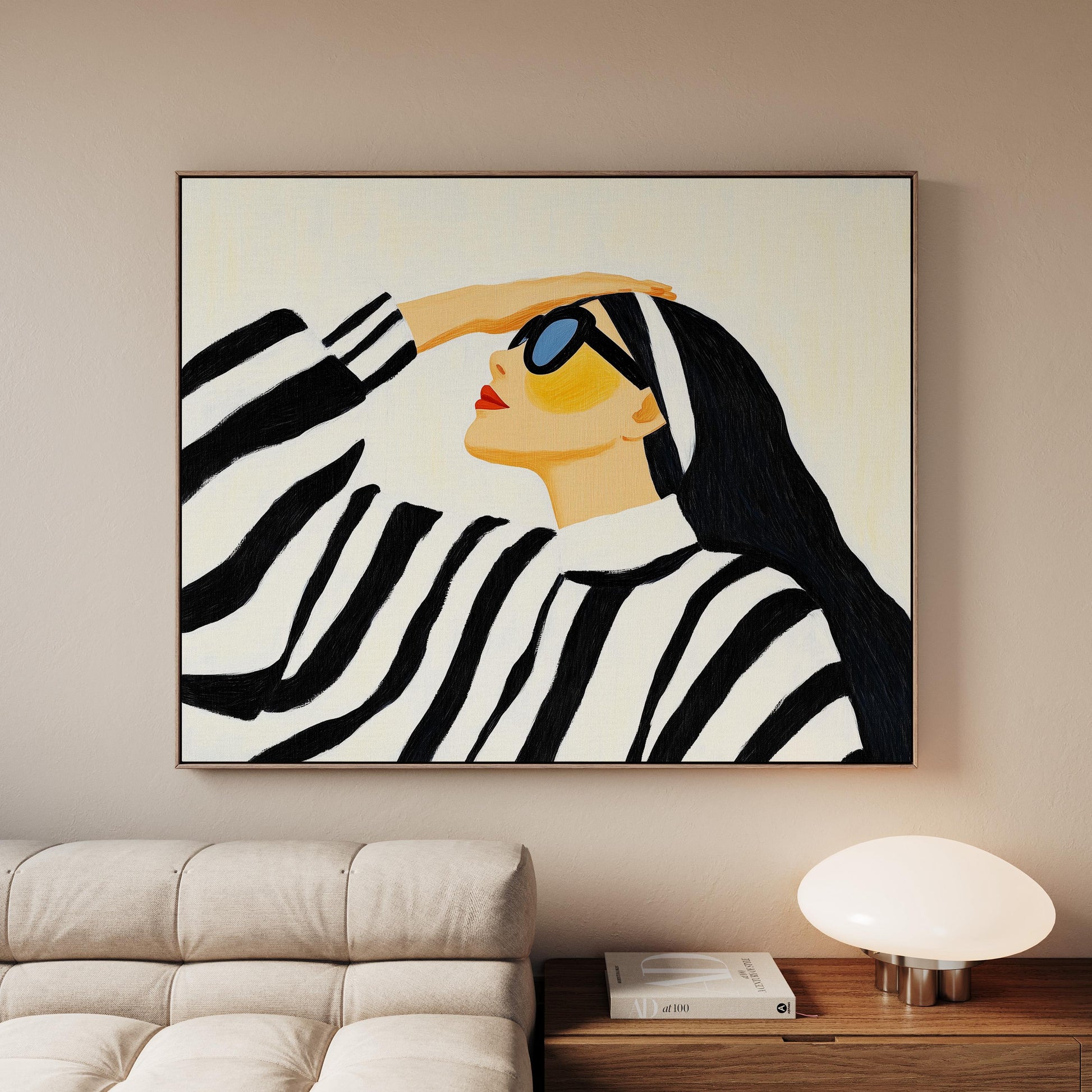 Stylish Woman in Striped Sweater Giclée Canvas Print Modern Fashion Wall Art for Living Room or Bedroom