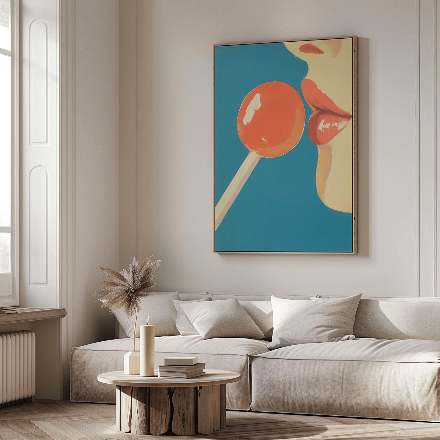 Pop Art Canvas Wall Art Red Lollipop and Lips on Blue Background Modern Figurative Framed Painting