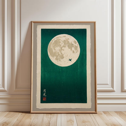 Japanese Moon Art Print – Teal Wall Art with Minimalist Bird Silhouette