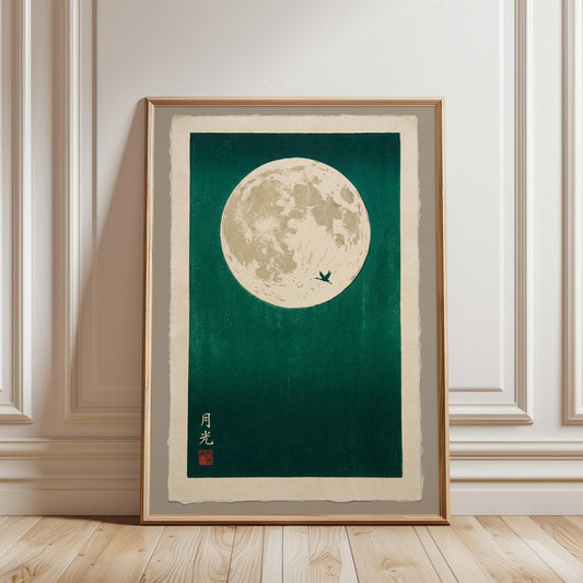 Japanese Moon Art Print – Teal Wall Art with Minimalist Bird Silhouette