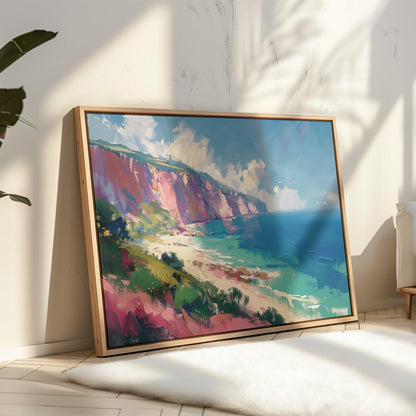 Coastal Cliff Landscape Canvas Wall Art: Colorful Seaside Painting, Beach Ocean View for Living Room or Bedroom