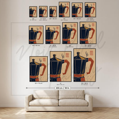 Coffee Wall Art Print - Mid Century Kitchen Art With Moka Pot Illustration