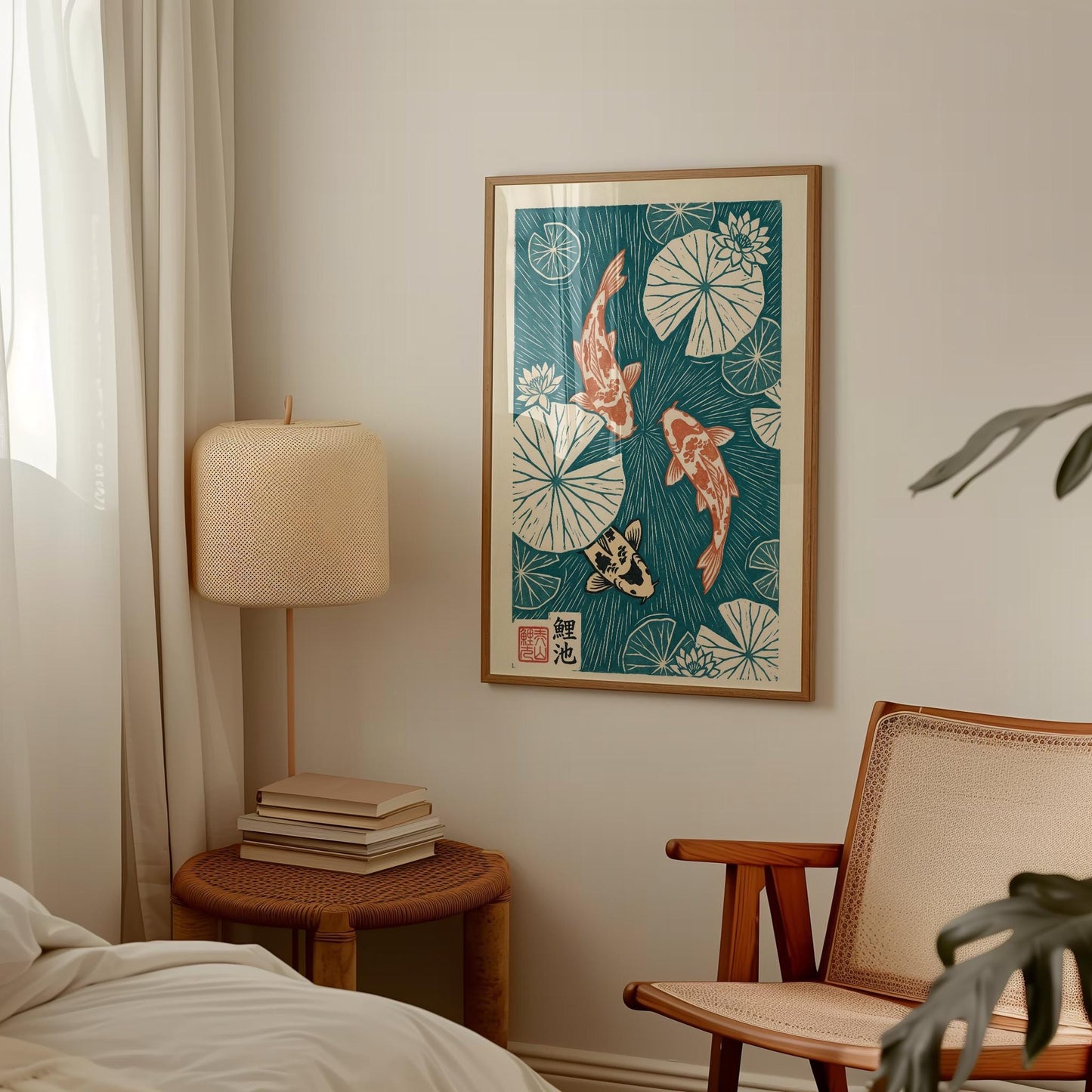 Japanese Koi Fish Print Linocut Poster – Lotus Pond Art with Vibrant Colors