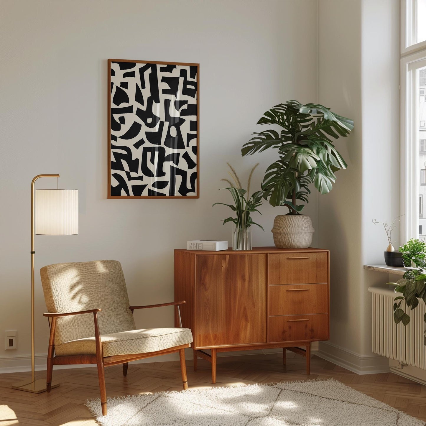 Abstract Wall Art Print – Geometric Black Shapes on Cream | Minimalist Design
