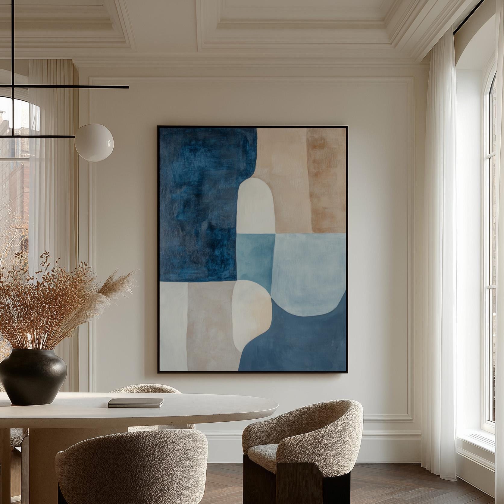 Blue Beige Abstract Canvas Art with Floating Frame