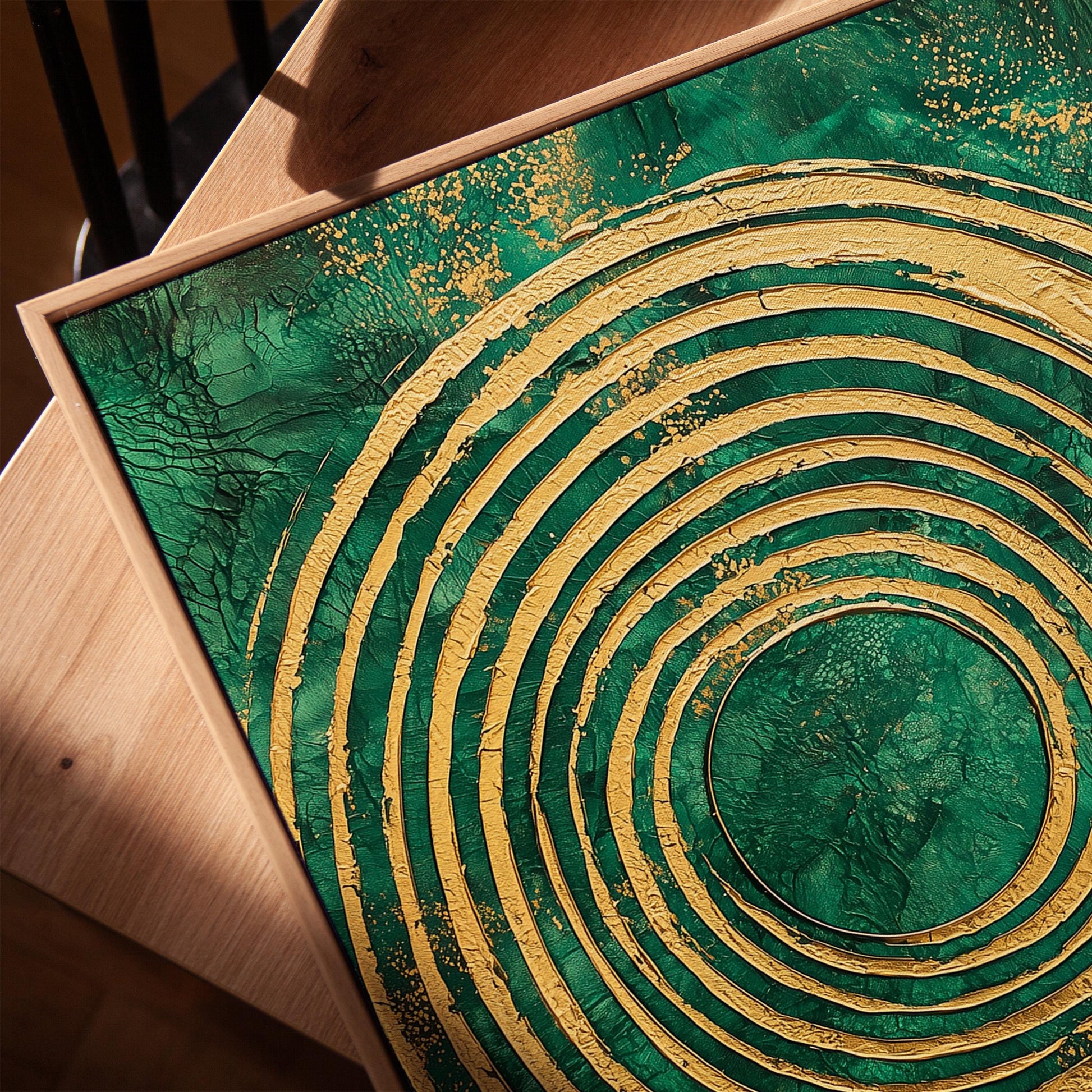 Emerald Gold Spiral Canvas Art, Abstract Textured Painting, Modern Giclée Wall Art for Living Room or Office, Luxury Home Decor