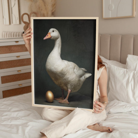 Vintage Framed Wall Decor – Goose and Golden Egg Animal Art Print on Premium Cotton Canvas