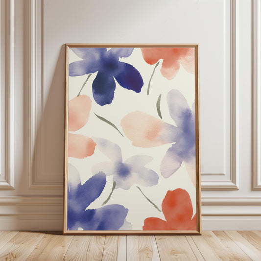 Floral Watercolor Poster – Soft Botanical Art With Blue Coral Wall Decor
