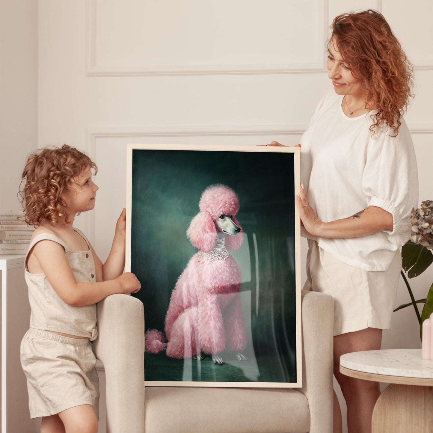 Pink Poodle Art Print: Emerald Green Dog Lover Maximalist Home Decor