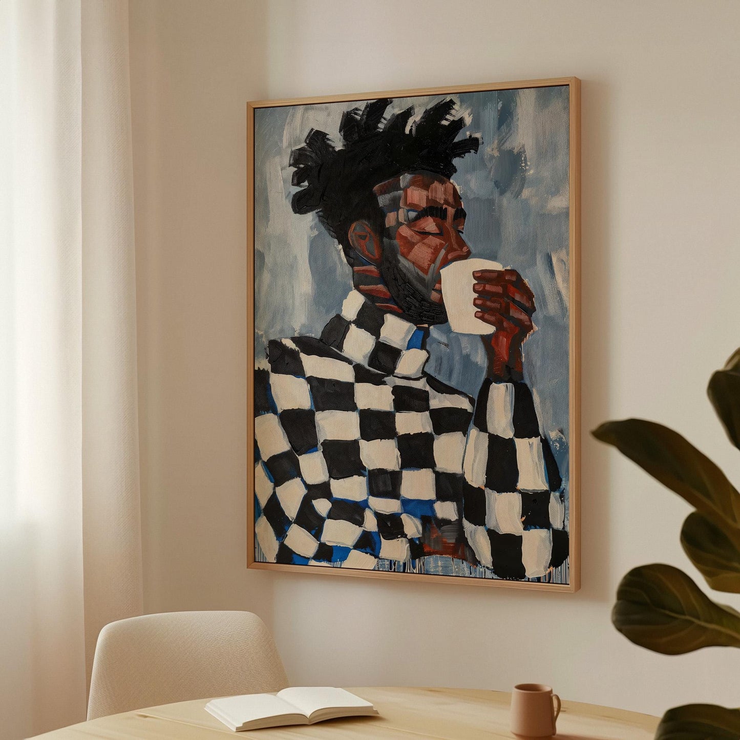 Modern Portrait of Man with Coffee Cup Abstract Wall Art Canvas Print Contemporary Artwork for Living Room Dining Room Office