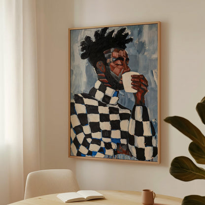 Modern Portrait of Man with Coffee Cup Abstract Wall Art Canvas Print Contemporary Artwork for Living Room Dining Room Office