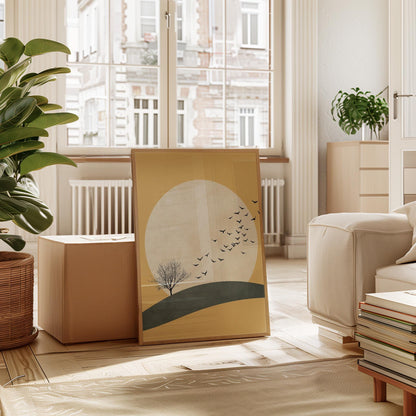 Japandi Wall Art | Yellow Sun Artwork With Flying Birds Canvas - Minimalist Decor