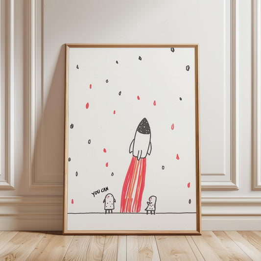 Rocket Ship Print – Inspirational Kids Room Decor with Pink Flames
