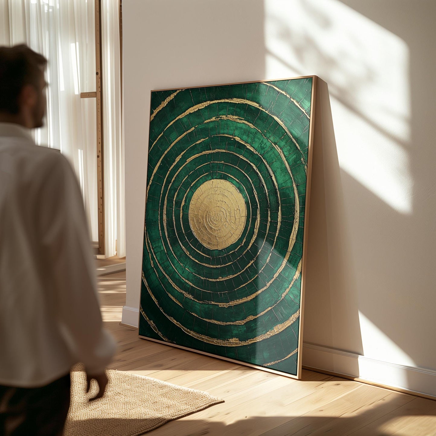 Emerald Gold Circle Canvas Art, Abstract Textured Painting, Modern Giclée Wall Art for Living Room or Office, Luxury Home Decor