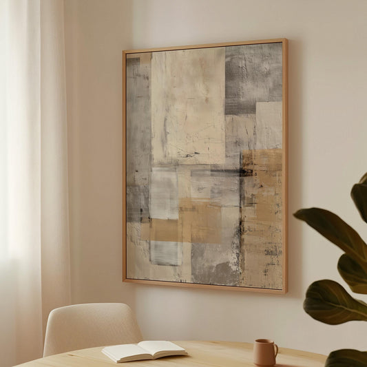 Beige and Brown Abstract Landscape Canvas Wall Art with Floating Frame Modern Neutral Painting for Living Room