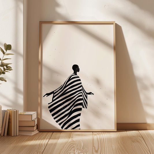 Minimalist Silhouette Wall Art Print Black and White Striped Robe Canvas Modern Portrait Large Living Room Bedroom Decor