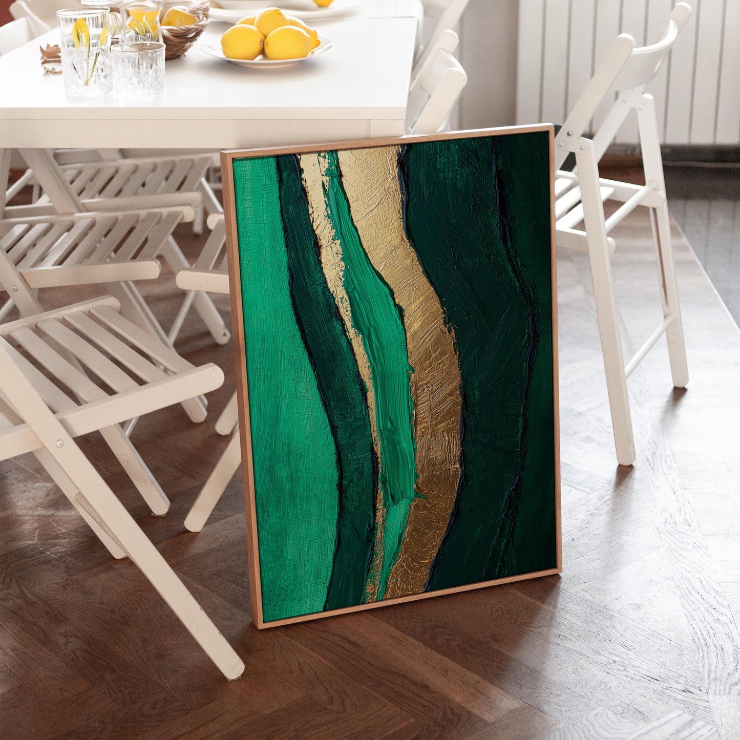 Emerald Green and Gold River Flow Canvas Print, Abstract Textured Giclée Wall Art for Modern Living Room or Bedroom