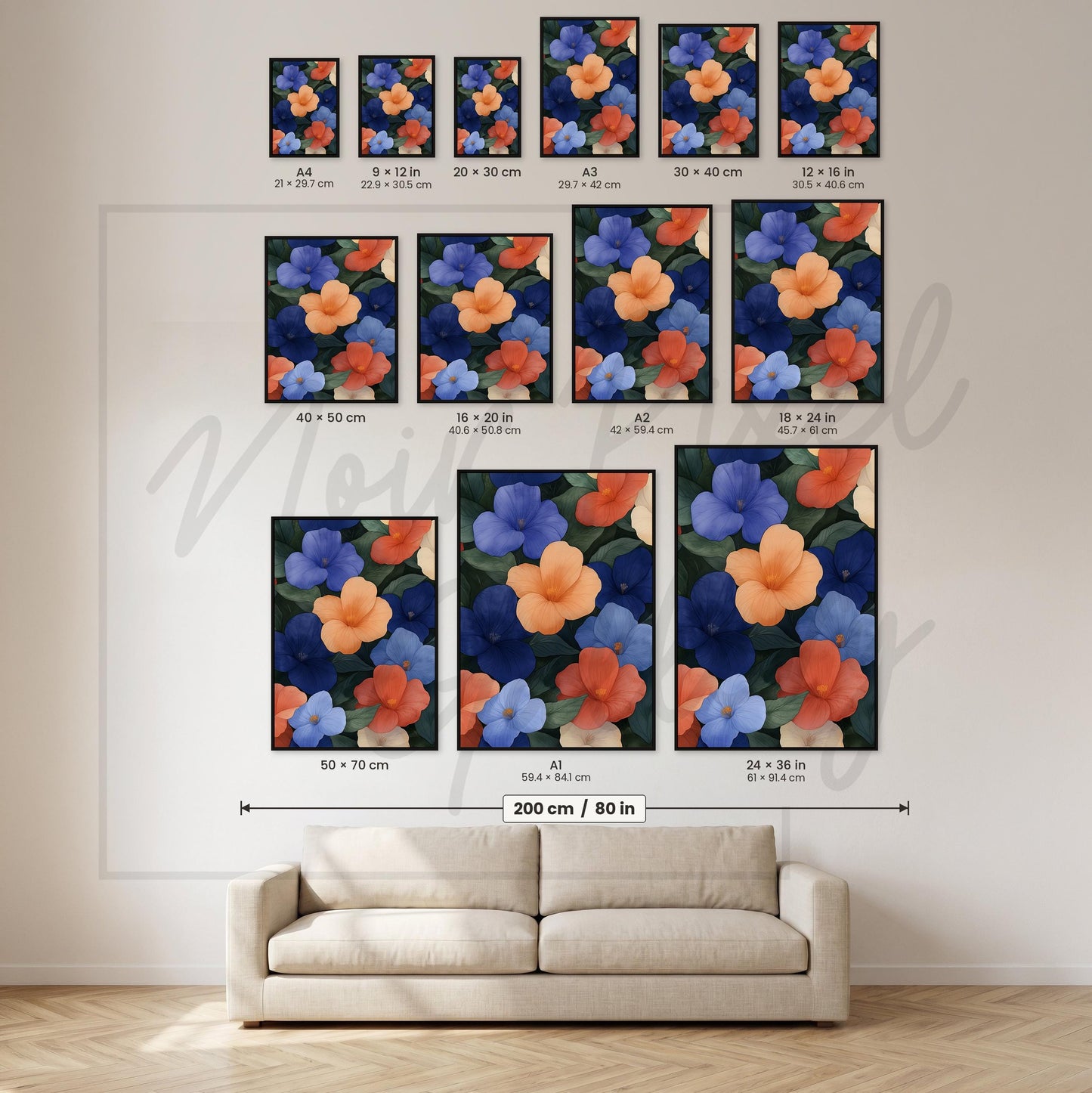 Botanical Wall Art – Tropical Floral Print With Blue Coral Hibiscus Flowers