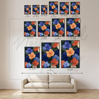 Botanical Wall Art – Tropical Floral Print With Blue Coral Hibiscus Flowers