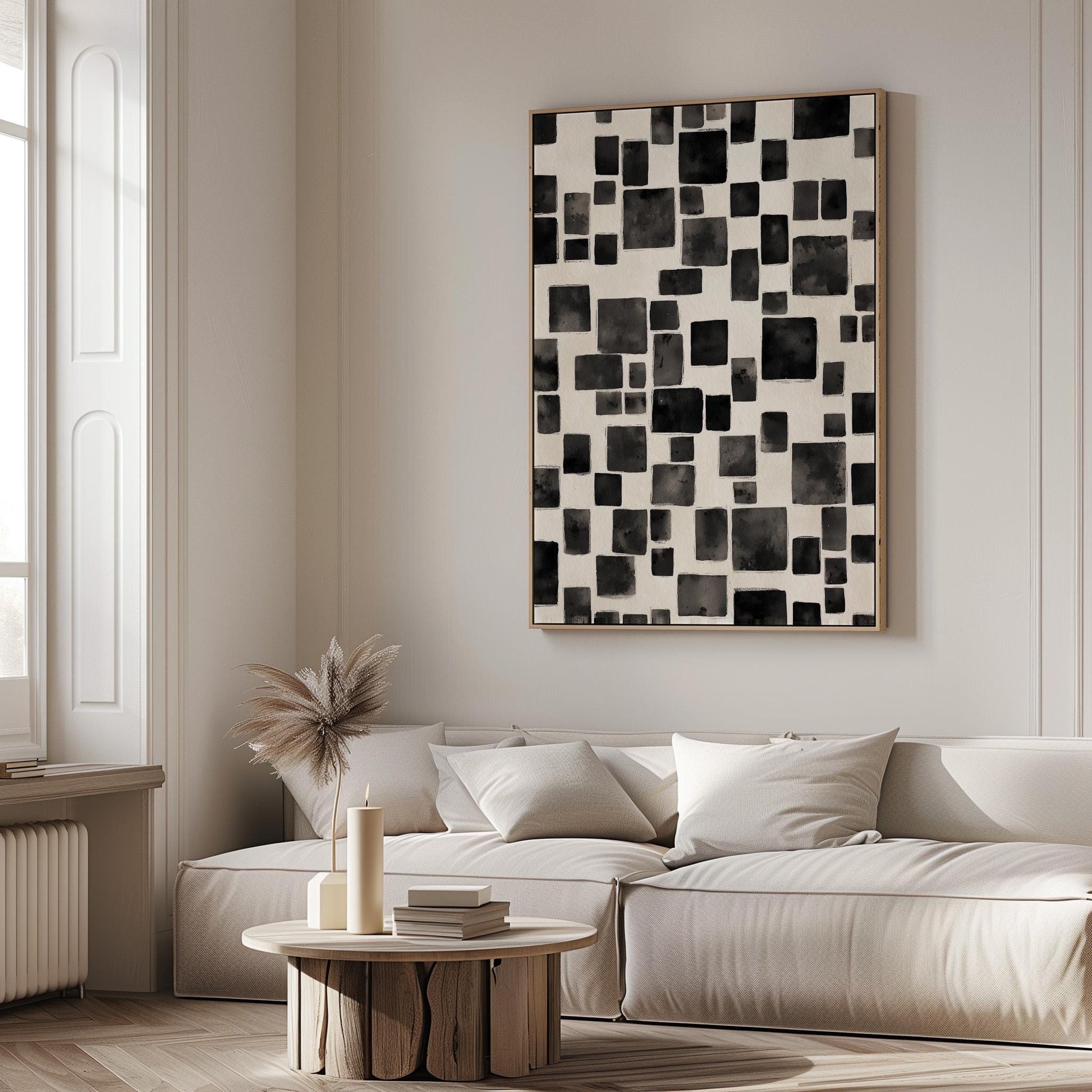 Modern Black Abstract Squares Canvas Art, Minimalist Geometric Wall Art Print, Contemporary Giclée for Living Room or Office Decor