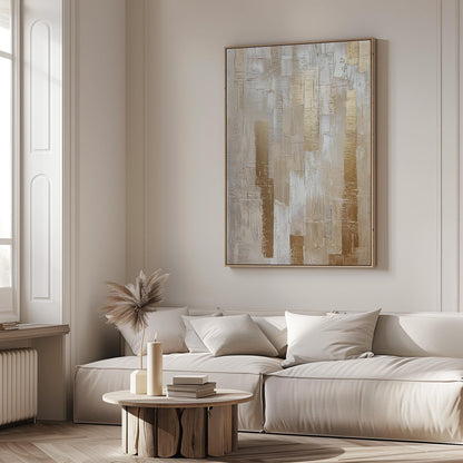 Gold and Beige Textured Abstract Canvas Wall Art with Floating Frame Modern Neutral Painting for Living Room Decor