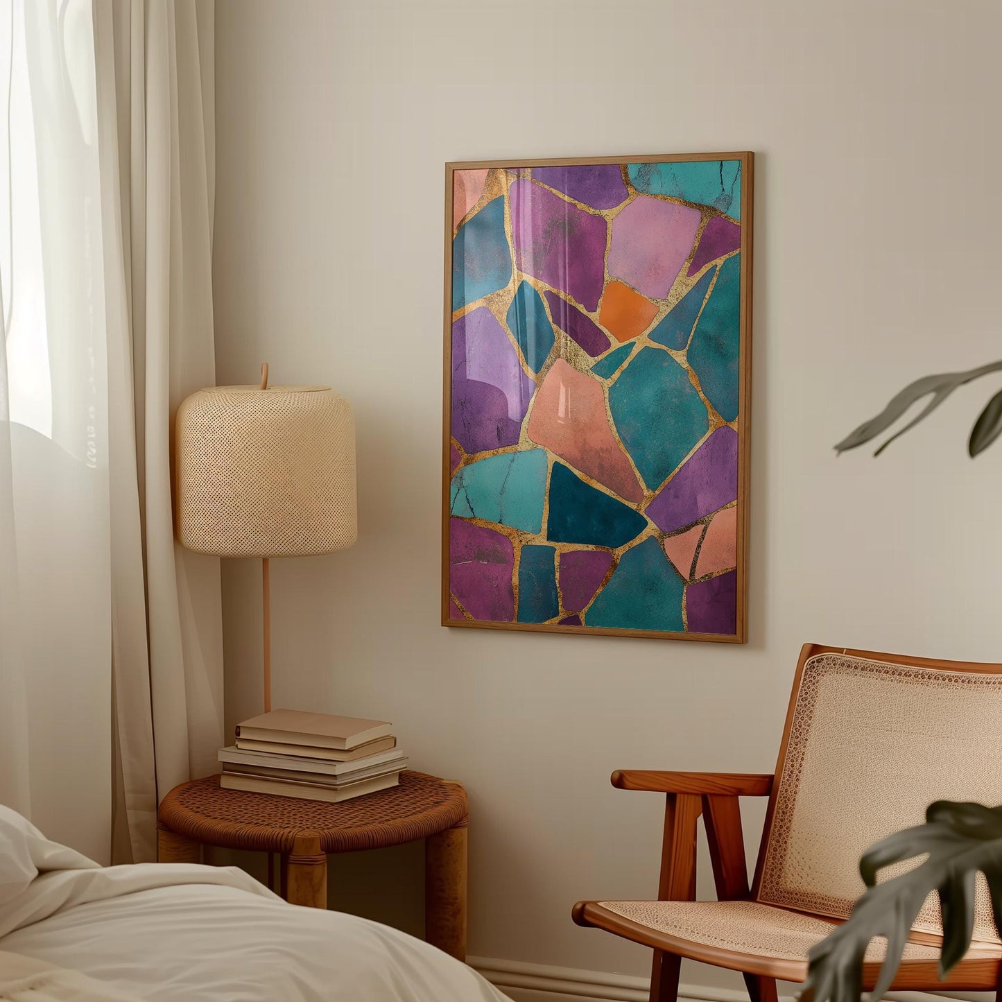 Abstract Wall Art Print - Jewel Tone Wall Art with Gold Geometric Design