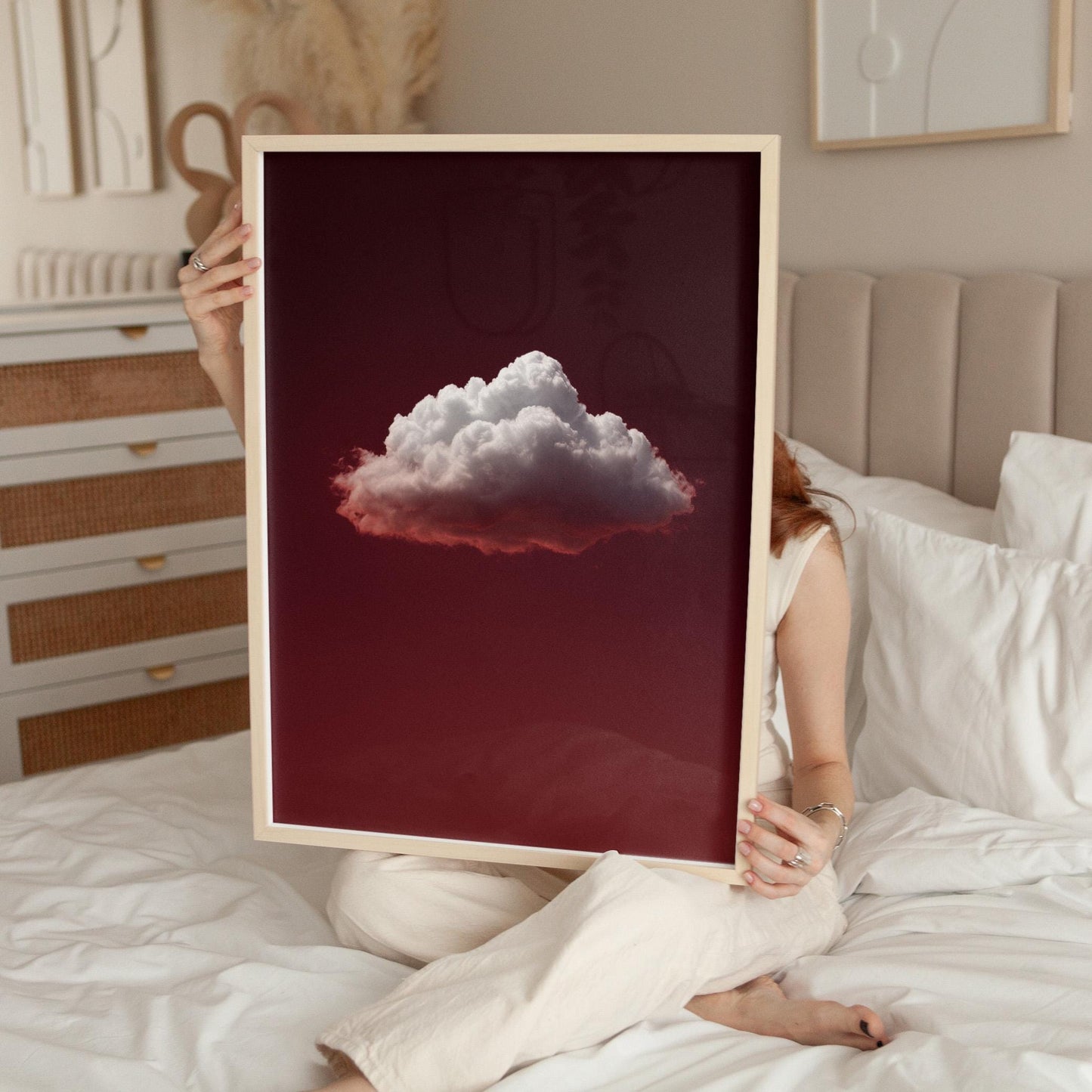 Minimalist Cloud Art Print – Deep Ruby Red Night Sky | Gallery Style Decor