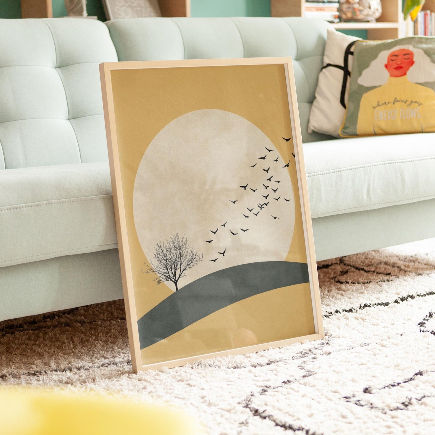 Yellow Sun Japandi Art Print, Flying Birds Wall Art, Abstract Art, Living Room Decor, Large, Japanese Wall Art, Flock, Bedroom Decor