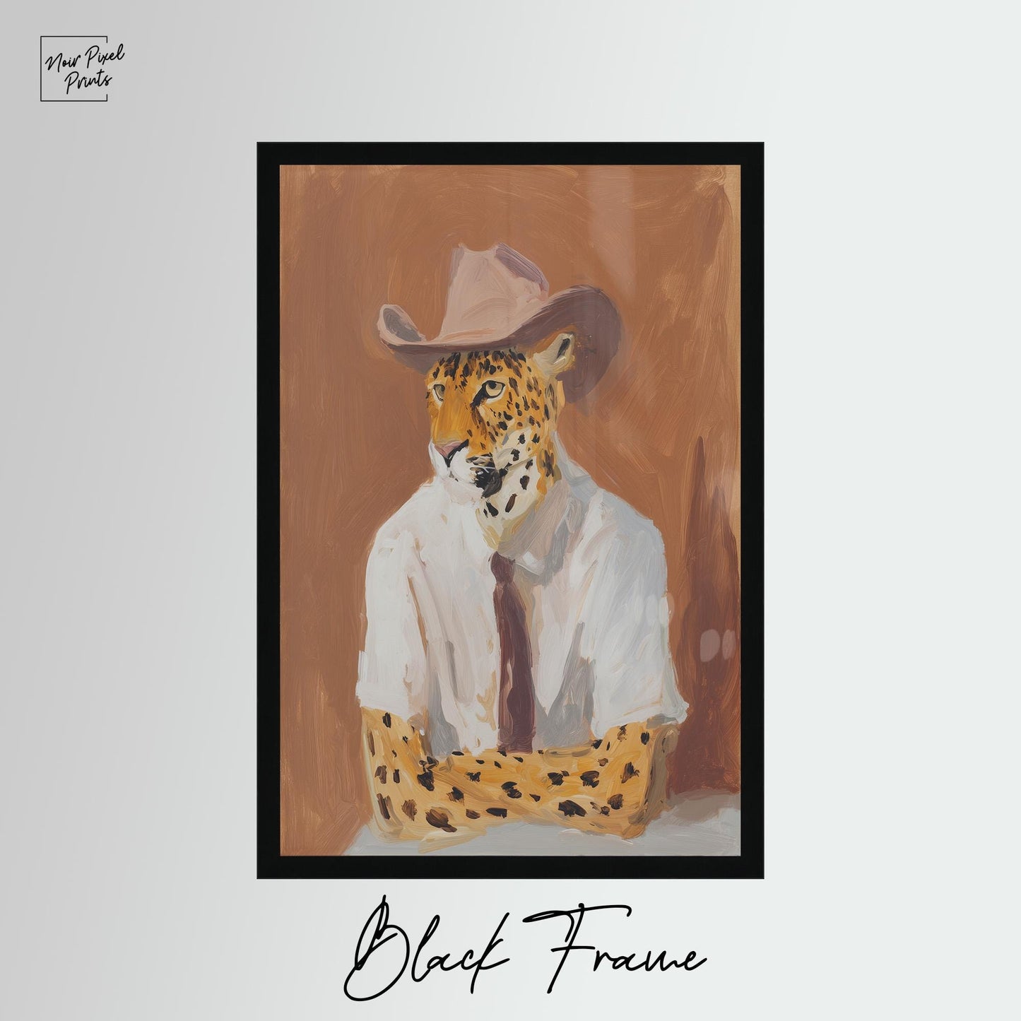 The image is a painting of a leopard wearing a cowboy hat and a white shirt, set against a brown background.