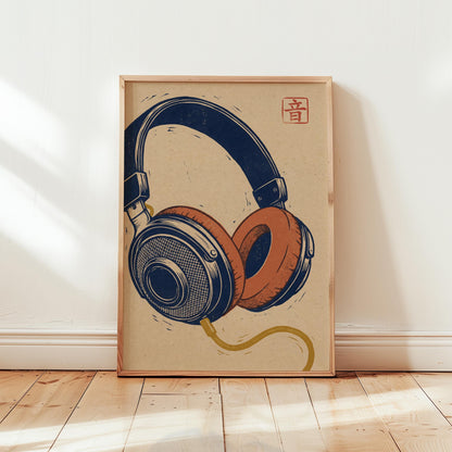 Vintage Headphones Art Print - Retro Music Poster | Navy Orange Artwork