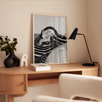 Minimalist Black and White Art – Resting Woman Print with Soft Gray Tones